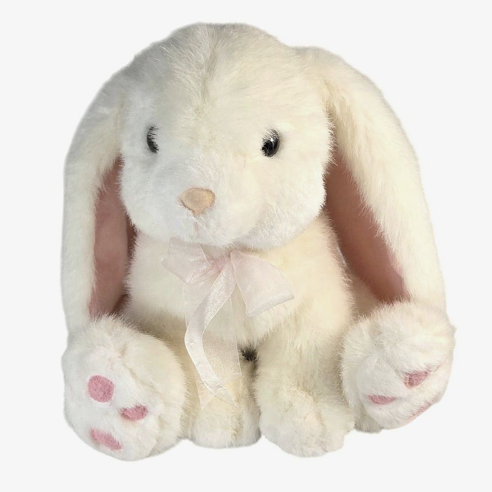 Vintage 90s Russ Berrie Powderpuff Bunny Plush 10" White Pink Easter Rabbit